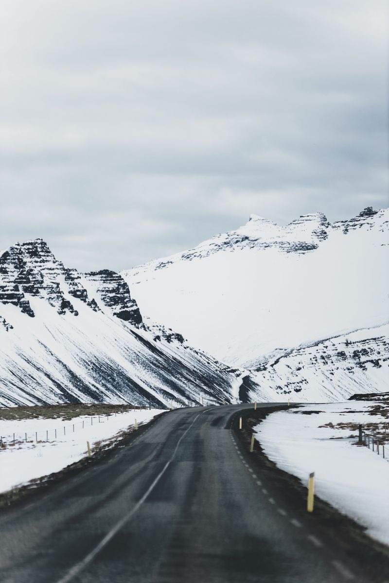 The Ring Road winding between snow-covered mountains