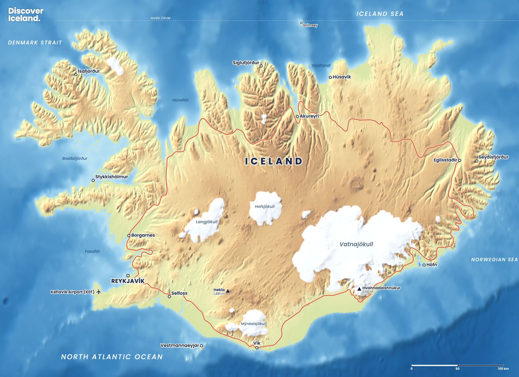 Map of Iceland showing the Ring Road, towns and glaciers