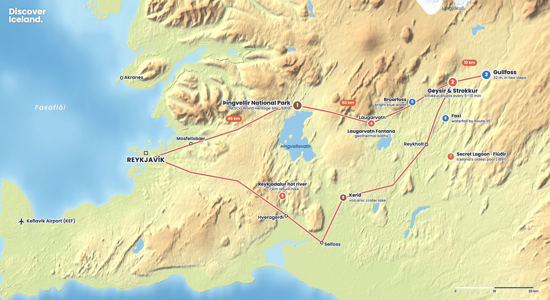 Map of the Golden Circle route from Reykjavík