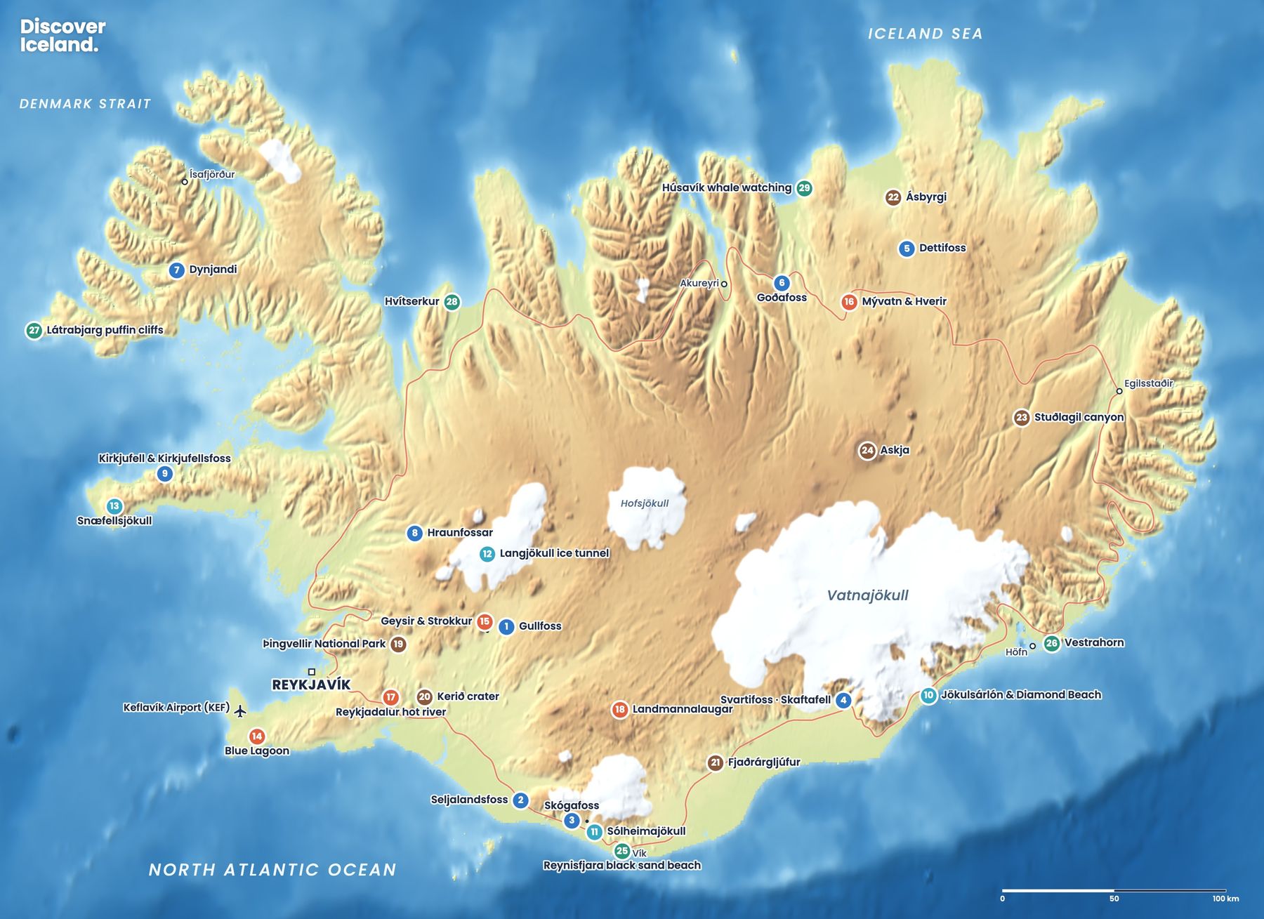 Map of Iceland with the main highlights marked around the Ring Road
