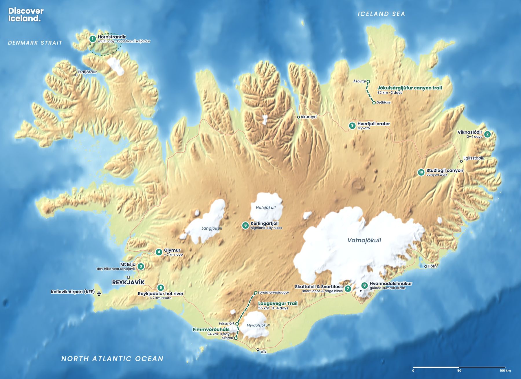 Map of Iceland hiking trails, including the highland routes
