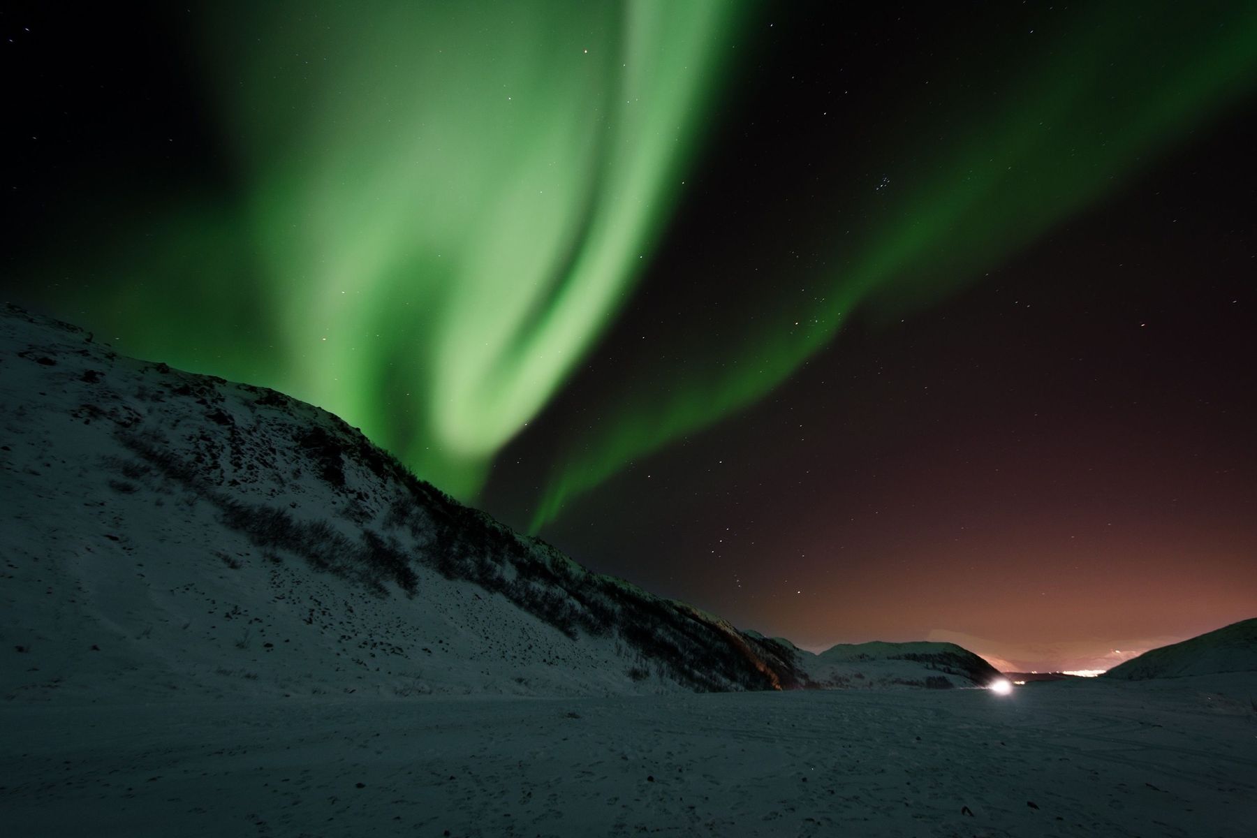 Green aurora over a snow-covered hillside under a starry sky